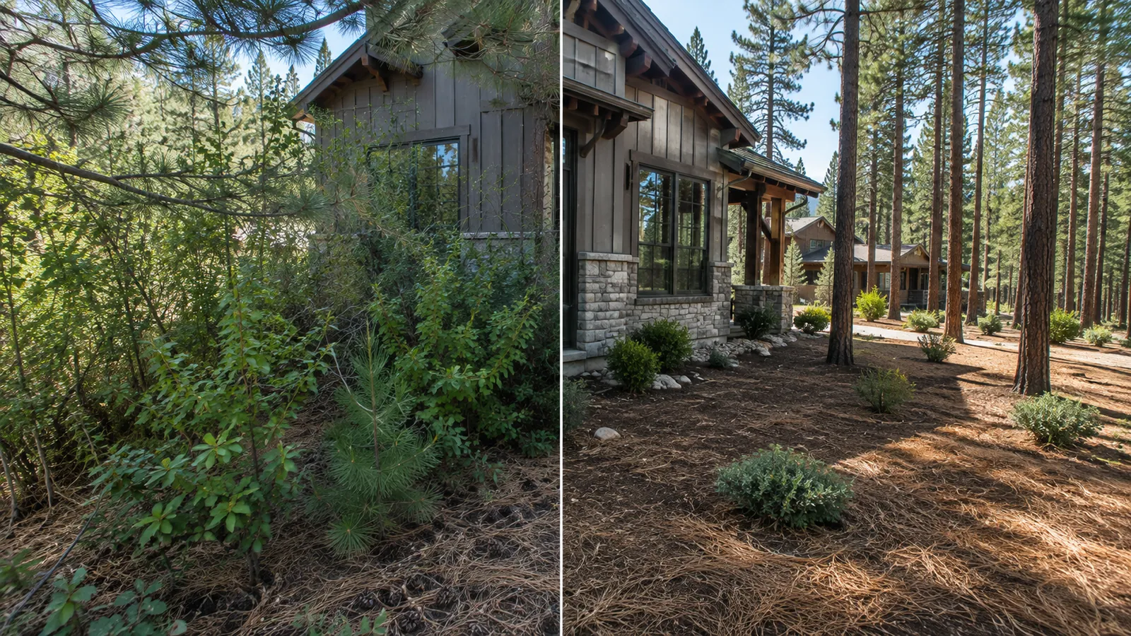 Brush grown up against a cabin wall beside a cleared property with spaced, limbed-up pines