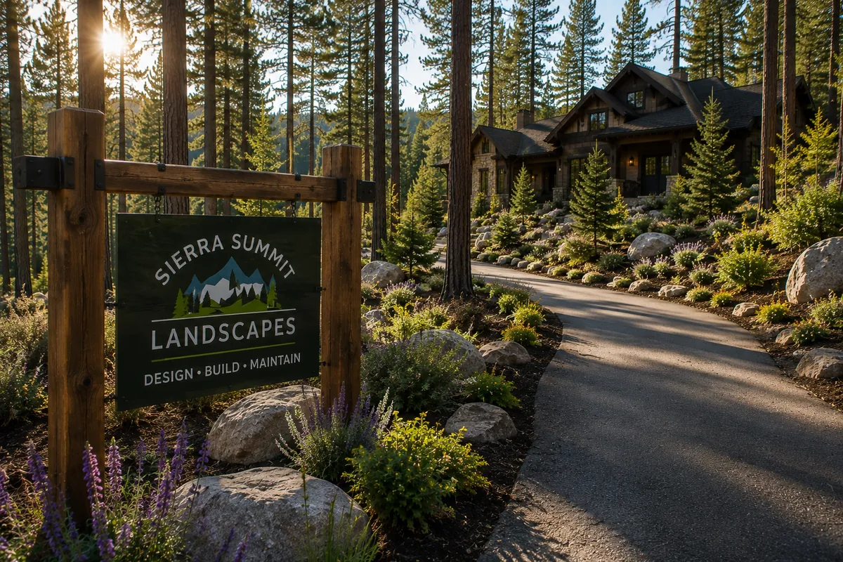 A landscape company yard sign at the edge of a driveway with plantings and pines behind it