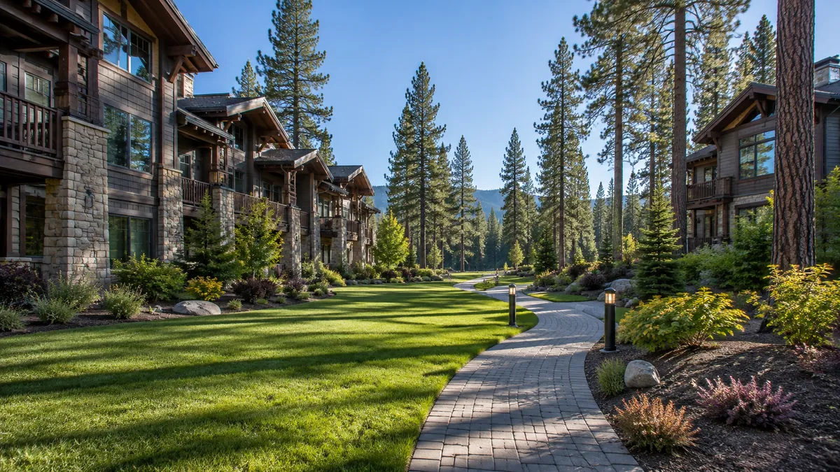 The landscaped common grounds of a mountain condominium complex with a paved path and lighting bollards