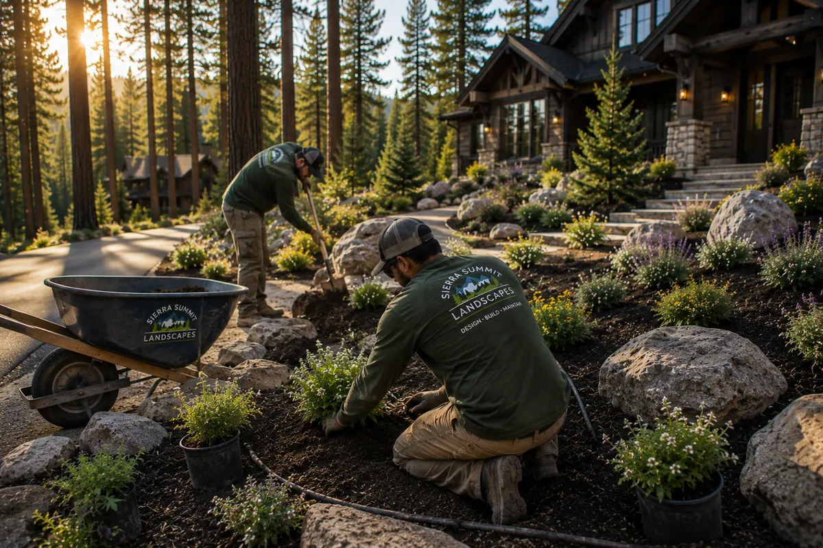 A crew member planting shrubs on a finished property at golden hour
