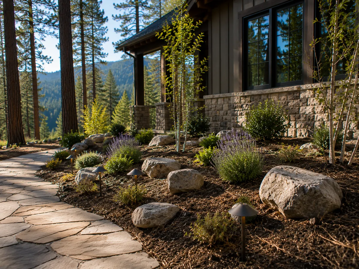 A planted bed of native grasses and shrubs along a driveway with granite boulders