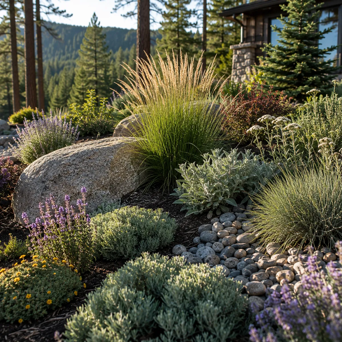 A planted bed of drought-tolerant grasses and low shrubs with river rock mulch