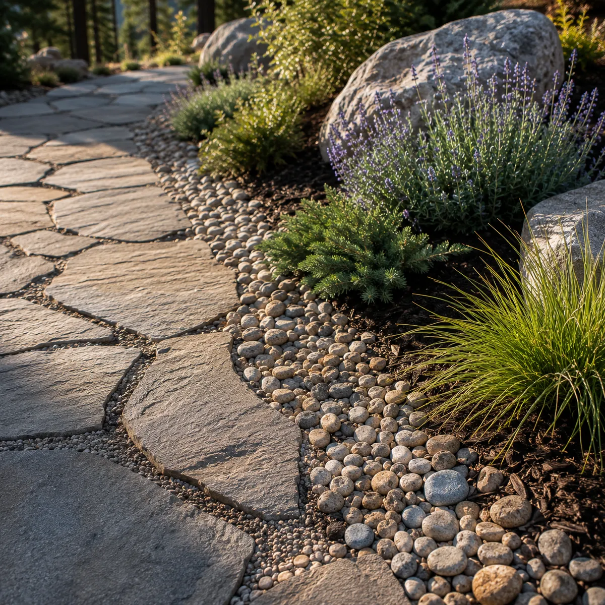 Close view of a flagstone path meeting a gravel border and river rock against a planted edge