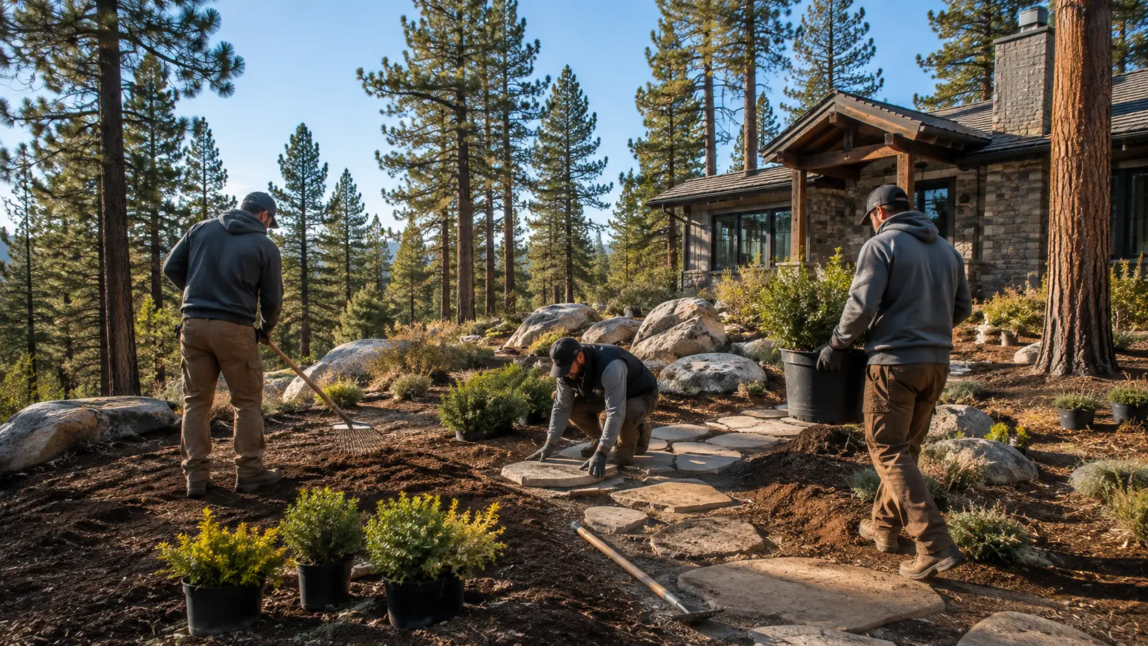 A three-person landscape crew working on a residential property on a clear morning