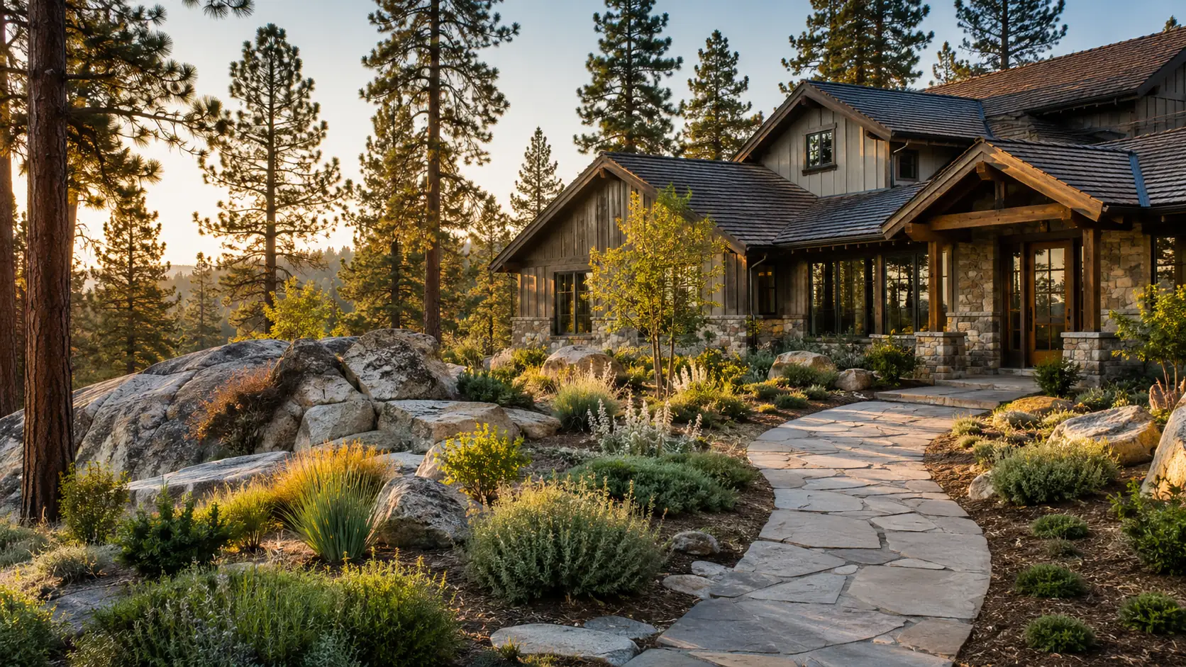 A finished mountain landscape at golden hour with a flagstone path, granite boulders, and native grasses