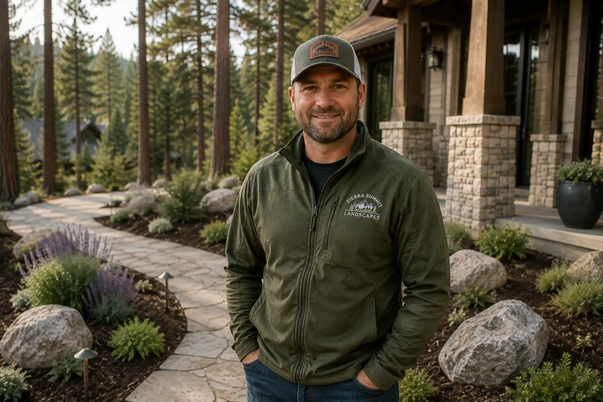 The owner of Sierra Summit Landscapes standing on a finished property in the late afternoon
