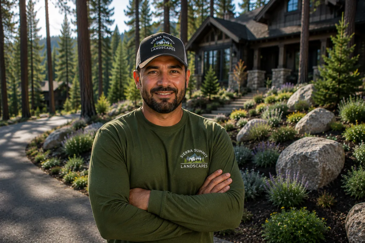 The owner of Sierra Summit Landscapes on a finished property, arms crossed