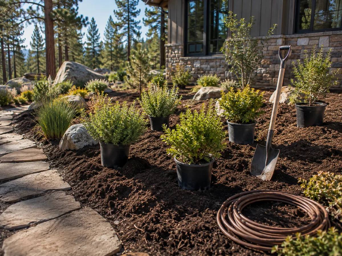 A prepared planting bed with shrubs still in nursery pots, a shovel standing in the soil, drip tubing coiled nearby