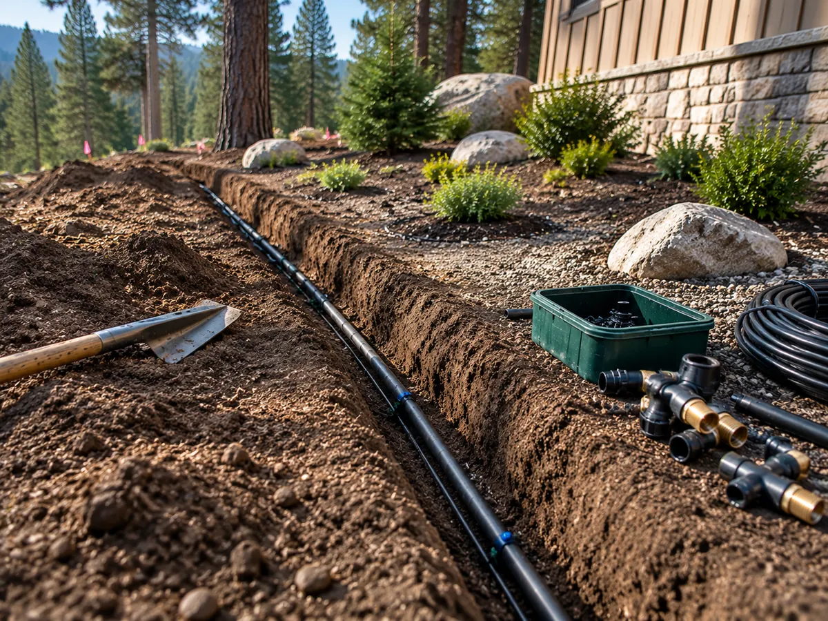 A shallow irrigation trench with black poly tubing, brass fittings, and a valve box on the soil beside it