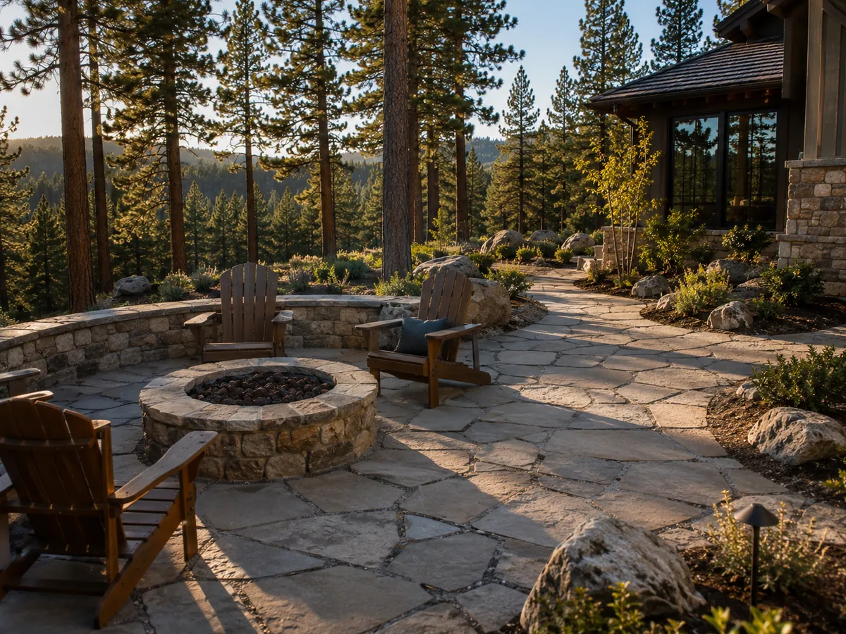 A finished flagstone patio with a low stone seat wall, an unlit stone fire ring, and wooden chairs