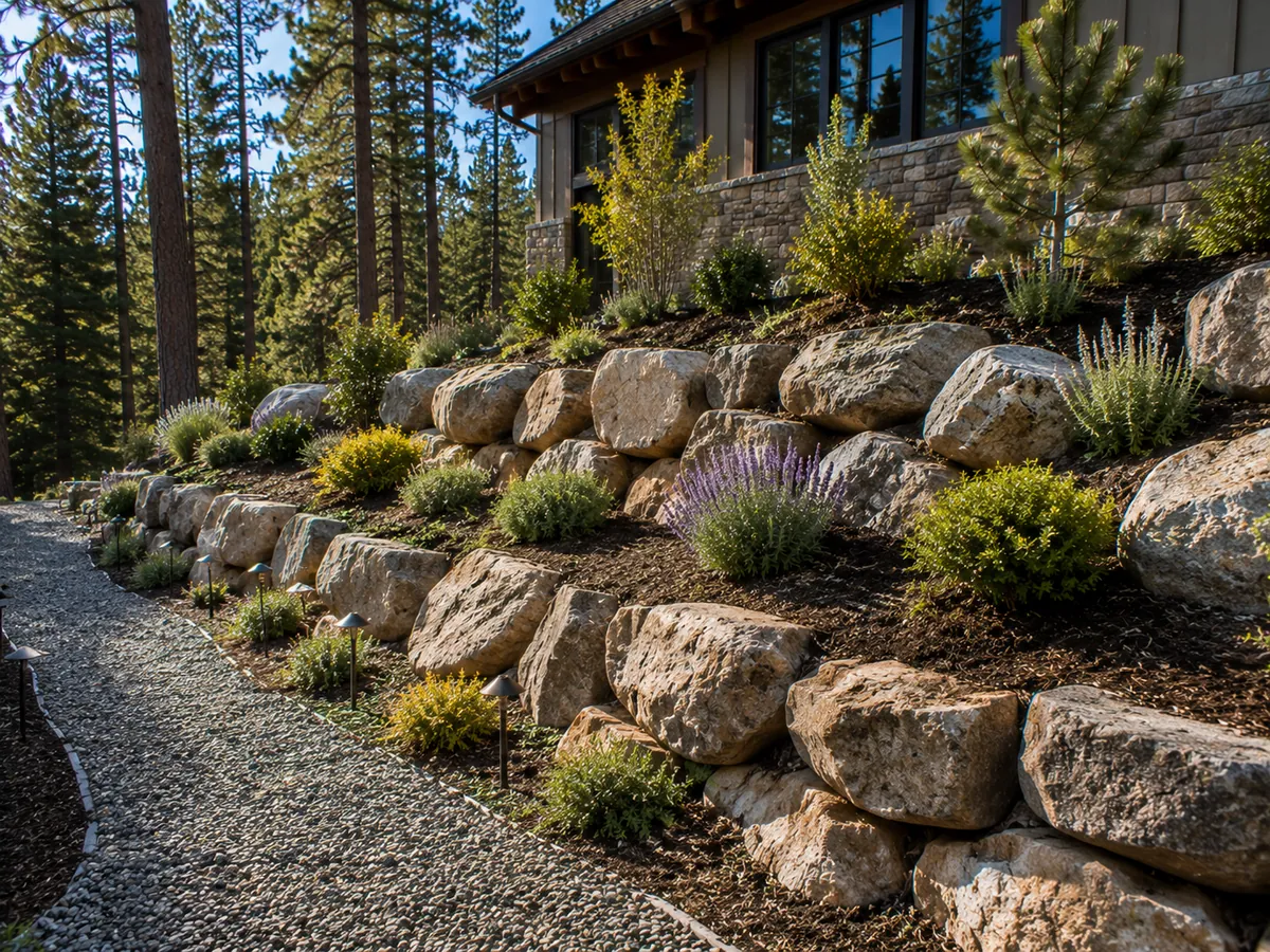 A boulder retaining wall holding a planted slope with a gravel path at its base