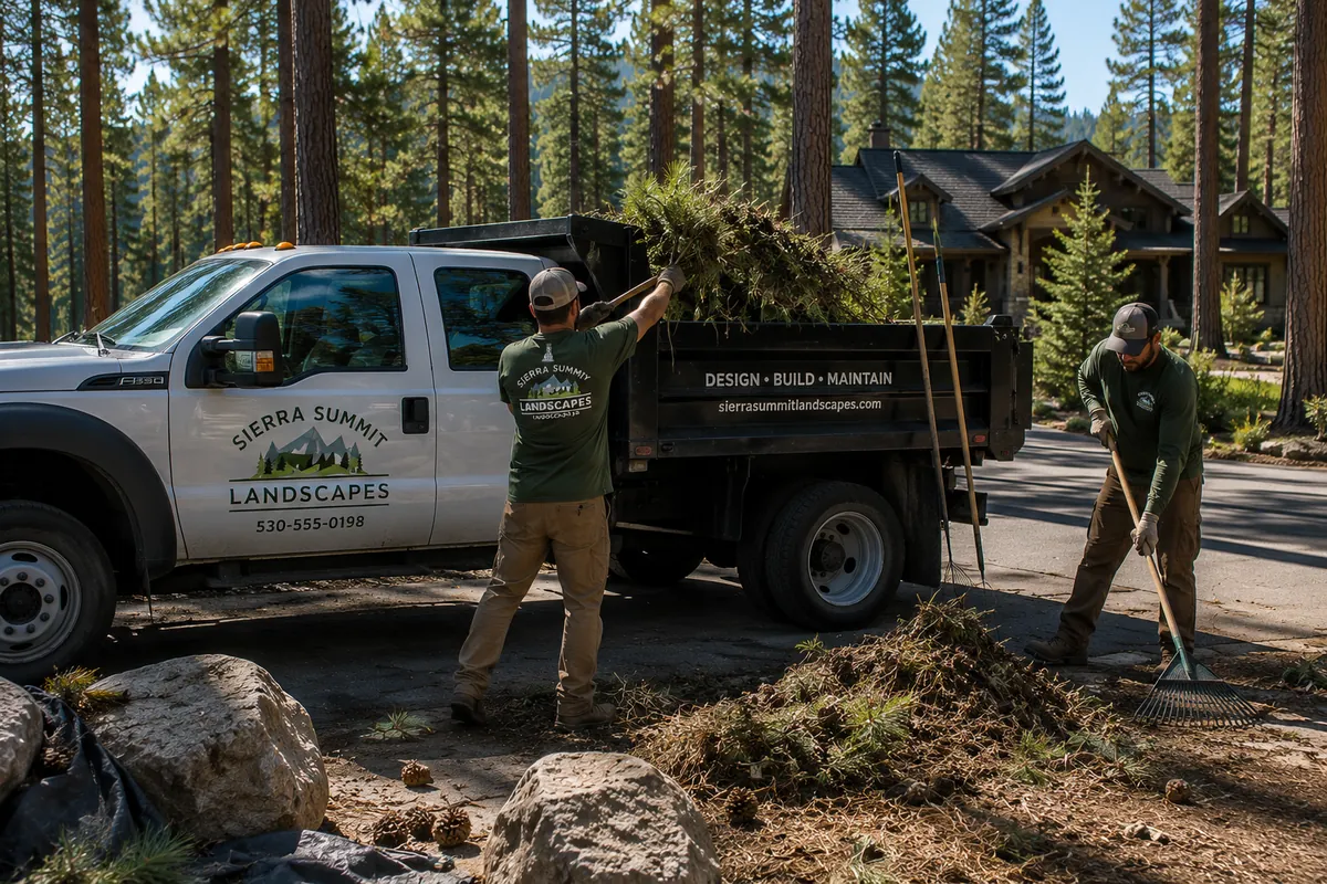 A crew loading brush into a landscape truck at the edge of a residential property
