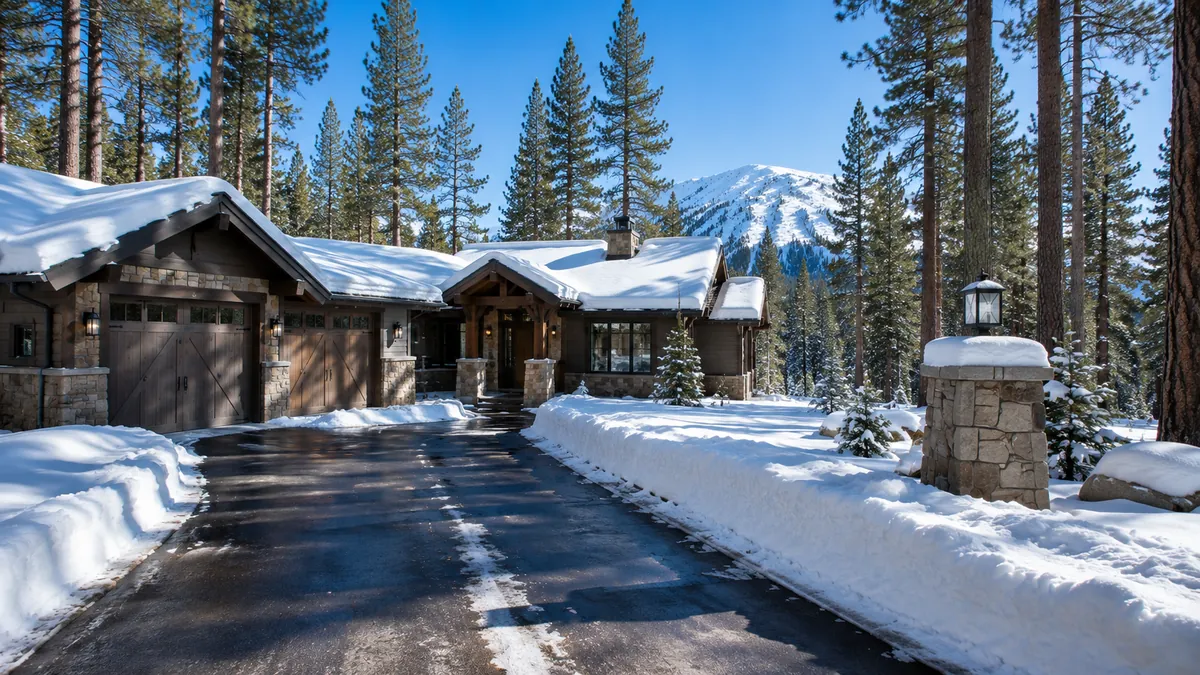 A mountain home in deep winter with a cleanly cleared driveway and snow banked to the sides
